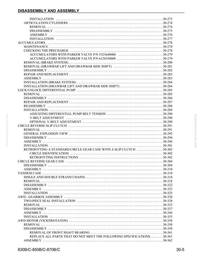 May include: A detailed technical document titled "DISASSEMBLY AND ASSEMBLY" with a table of contents. The document lists procedures like installation, removal, and adjustment for various mechanical components. The page number is 30-5.
