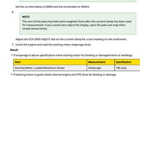 May include: A technical document with instructions for using a multimeter and current clamp. The document includes notes, steps, and a table with measurements for amperage. The text is in black and green on a white background.