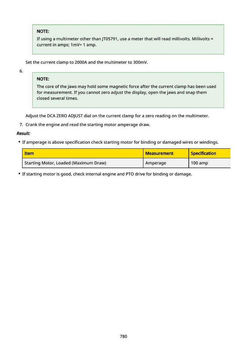 May include: A technical document with instructions for using a multimeter and current clamp. The document includes notes, steps, and a table with measurements for amperage. The text is in black and green on a white background.