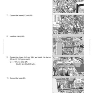 May include: Diagram of hydraulic tank assembly instructions. The image shows multiple steps with detailed illustrations of connecting hoses, installing clamps, and connecting the hose. Text includes step numbers and part numbers.