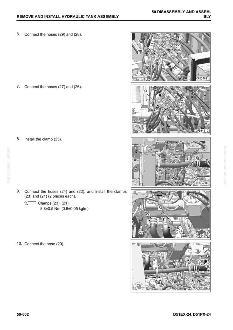 May include: Diagram of hydraulic tank assembly instructions. The image shows multiple steps with detailed illustrations of connecting hoses, installing clamps, and connecting the hose. Text includes step numbers and part numbers.
