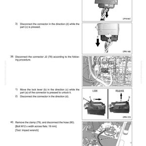 Puede incluir: Diagrama que ilustra los pasos de desmontaje y montaje del conjunto del motor. Incluye im&aacute;genes de conectores, palancas y mangueras con flechas direccionales. Las instrucciones de texto detallan cada paso, incluyendo el tama&ntilde;o del perno de 19 mm.