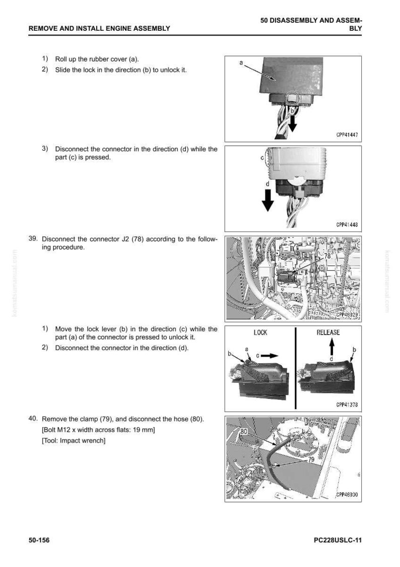 Puede incluir: Diagrama que ilustra los pasos de desmontaje y montaje del conjunto del motor. Incluye im&aacute;genes de conectores, palancas y mangueras con flechas direccionales. Las instrucciones de texto detallan cada paso, incluyendo el tama&ntilde;o del perno de 19 mm.