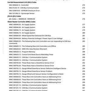 May include: A detailed list of technical codes and descriptions, including Inertial Measurement Unit (IMU) Codes, JDL Codes, and Meter Master Controller (MMC) Codes. The document includes various system error messages and component details, with page numbers on the right.