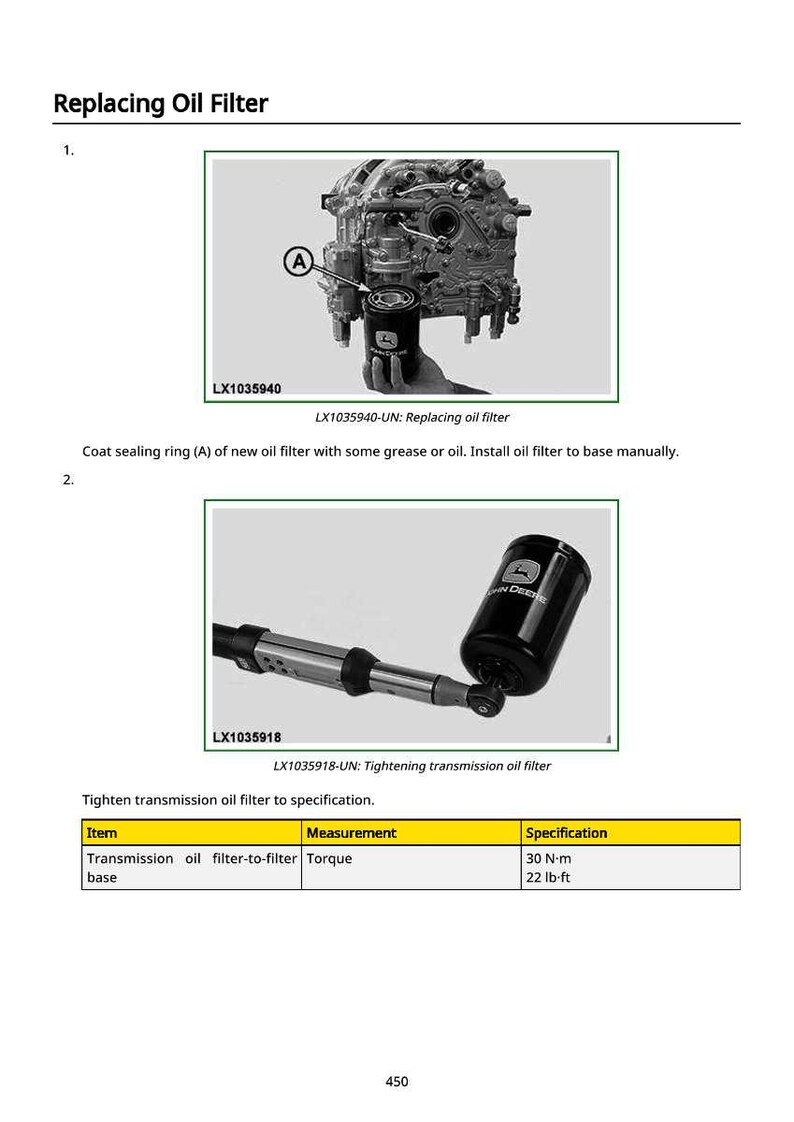 May include: Diagram of an engine with an oil filter, and a tool tightening a transmission oil filter. Text includes "Replacing Oil Filter" and specifications for torque: 30 N-m or 22 lb-ft.