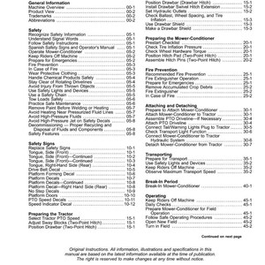May include: A detailed table of contents from a manual, featuring safety instructions, operational procedures, and maintenance guidelines. The document includes sections on safety, fire prevention, and tractor operation.
