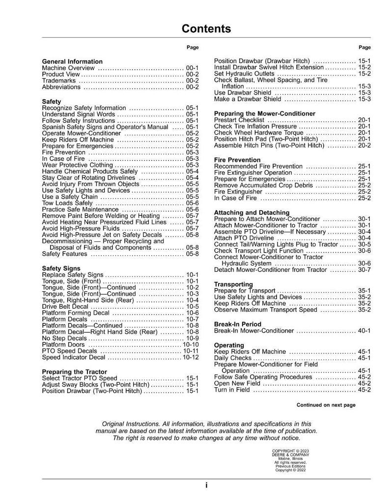 May include: A detailed table of contents from a manual, featuring safety instructions, operational procedures, and maintenance guidelines. The document includes sections on safety, fire prevention, and tractor operation.