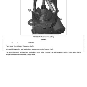 May include: Diagram of a mechanical component with a puller and snap ring. The image includes a close-up of the component with a labeled snap ring (A). Text at the bottom provides instructions for installation.