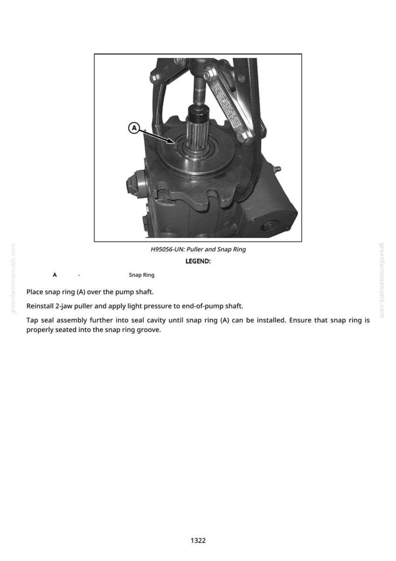 May include: Diagram of a mechanical component with a puller and snap ring. The image includes a close-up of the component with a labeled snap ring (A). Text at the bottom provides instructions for installation.