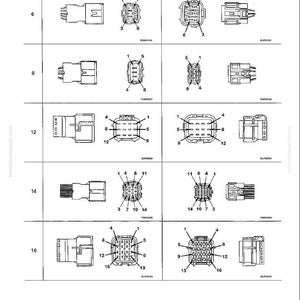 May include: Diagram of connector pin numbers for troubleshooting. The table shows male and female housing connectors with varying pin counts (6, 8, 12, 14, and 16). Each connector type is illustrated with detailed pin arrangements.