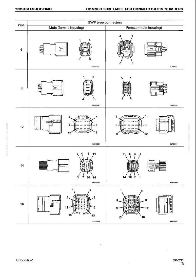May include: Diagram of connector pin numbers for troubleshooting. The table shows male and female housing connectors with varying pin counts (6, 8, 12, 14, and 16). Each connector type is illustrated with detailed pin arrangements.