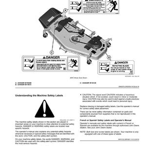 May include: Diagram of a lawn mower deck with safety labels. The labels warn of rotating blades and thrown objects, with a caution about keeping hands and feet away. The text includes safety instructions and a warning symbol.