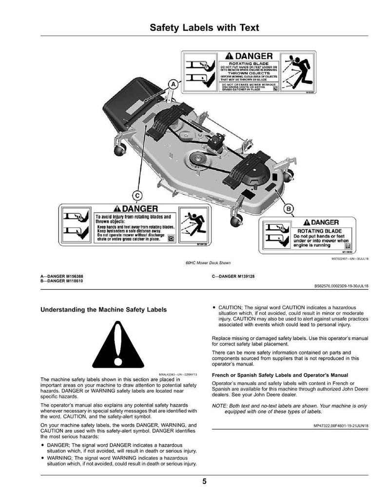 May include: Diagram of a lawn mower deck with safety labels. The labels warn of rotating blades and thrown objects, with a caution about keeping hands and feet away. The text includes safety instructions and a warning symbol.