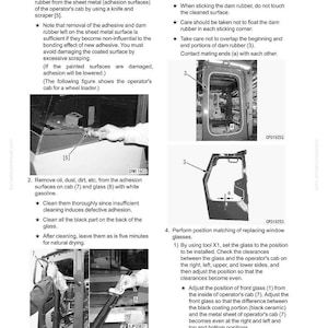 K&ouml;nnte beinhalten: Eine Seite des technischen Handbuchs, die die Demontage und Montage einer Kabine und ihrer Anbauteile detailliert. Die Seite enth&auml;lt Diagramme, Anweisungen und Diagramme zum Entfernen von Klebstoff, Reinigen von Oberfl&auml;chen und Einsetzen von Fensterscheiben. Der Text ist in Schwarzwei&szlig;.