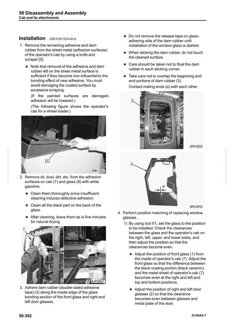 K&ouml;nnte beinhalten: Eine Seite des technischen Handbuchs, die die Demontage und Montage einer Kabine und ihrer Anbauteile detailliert. Die Seite enth&auml;lt Diagramme, Anweisungen und Diagramme zum Entfernen von Klebstoff, Reinigen von Oberfl&auml;chen und Einsetzen von Fensterscheiben. Der Text ist in Schwarzwei&szlig;.