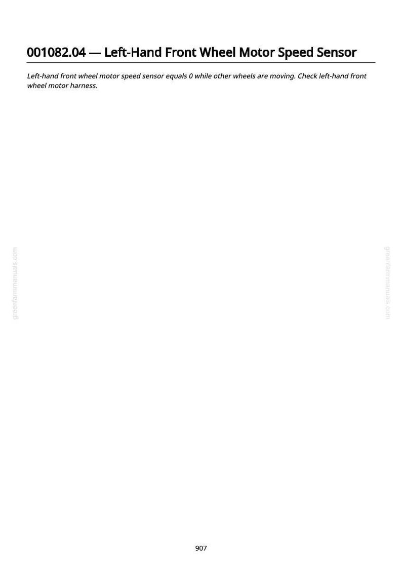 May include: A white page with the text "001082.04 - Left-Hand Front Wheel Motor Speed Sensor". The text below states the sensor equals 0 while other wheels are moving. The number 907 is at the bottom.