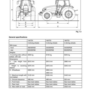 May include: Diagram of a tractor with detailed specifications. The image includes front and side views with labeled dimensions. General specifications include tire sizes, weights, and dimensions such as wheelbase and ground clearance, all in millimeters.