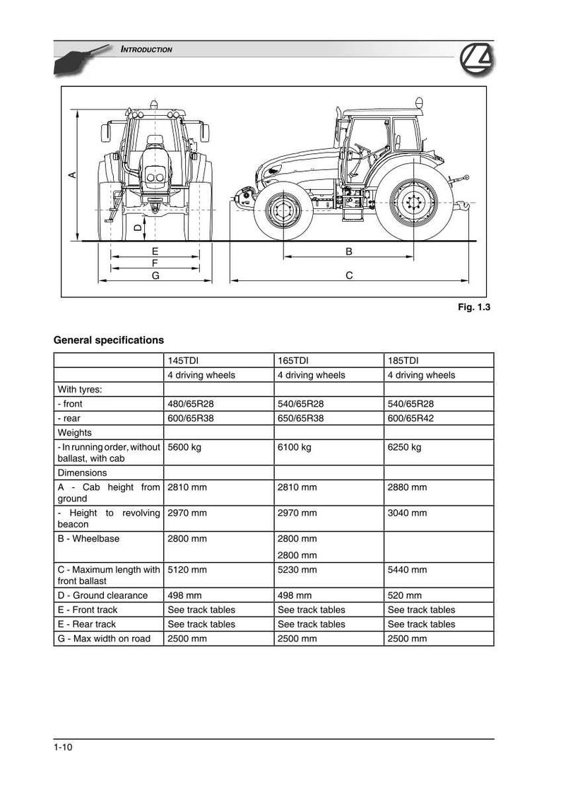 May include: Diagram of a tractor with detailed specifications. The image includes front and side views with labeled dimensions. General specifications include tire sizes, weights, and dimensions such as wheelbase and ground clearance, all in millimeters.