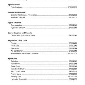 May include: A page titled "TABLE OF CONTENTS" from a manual. The document lists various sections including Safety, Specifications, General Maintenance, Upper Structure, Lower Structure, Engine and Drive Train, and Hydraulics. Each section has sub-items with corresponding codes.