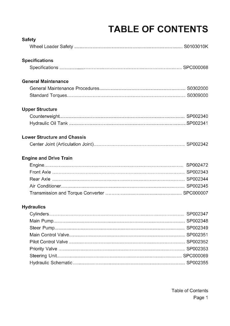 May include: A page titled "TABLE OF CONTENTS" from a manual. The document lists various sections including Safety, Specifications, General Maintenance, Upper Structure, Lower Structure, Engine and Drive Train, and Hydraulics. Each section has sub-items with corresponding codes.