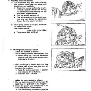 May include: Diagrams and instructions for differential disassembly and assembly. The image includes detailed illustrations of gear components, adjustment procedures, and torque specifications. Text includes "Adjusting preload of bearing" and "Adjusting tooth contact, backlash."