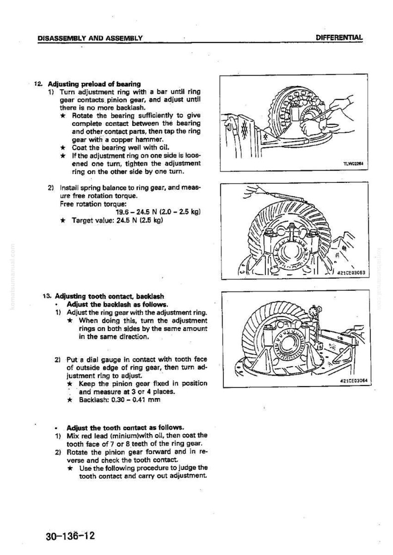 May include: Diagrams and instructions for differential disassembly and assembly. The image includes detailed illustrations of gear components, adjustment procedures, and torque specifications. Text includes "Adjusting preload of bearing" and "Adjusting tooth contact, backlash."