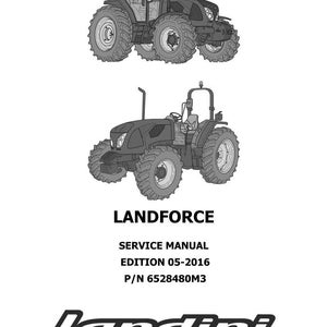 May include: A service manual cover with two tractor drawings in shades of grey. The text "LANDFORCE" is displayed, along with "SERVICE MANUAL EDITION 05-2016 P/N 6528480M3" and the Landini logo.