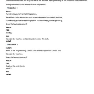 Puede incluir: Documento blanco con texto negro que detalla los pasos para solucionar un error de la m&aacute;quina. El texto incluye instrucciones para verificar los c&oacute;digos de fallo y reprogramar la unidad de control. Documento MNA 520870.02.