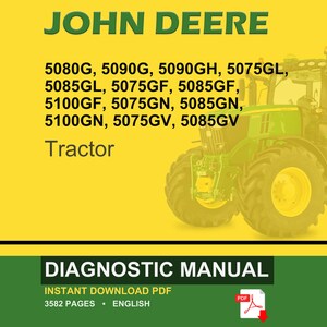 Może przedstawiać: Ciągnik John Deere jest prezentowany na ż&oacute;łtym tle. Obraz zawiera zielony tekst "JOHN DEERE" oraz numery modeli ciągnik&oacute;w. Poniżej wyświetlane są słowa "DIAGNOSTIC MANUAL".