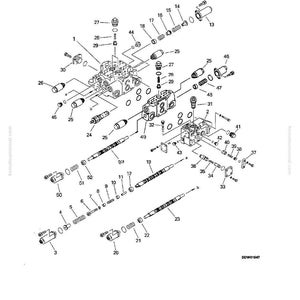 May include: An exploded diagram of a 3-spool control valve assembly, showcasing various components like spools, springs, and connectors. The image includes labels and numbers for each part, with the text "DISASSEMBLY AND ASSEMBLY" at the top.