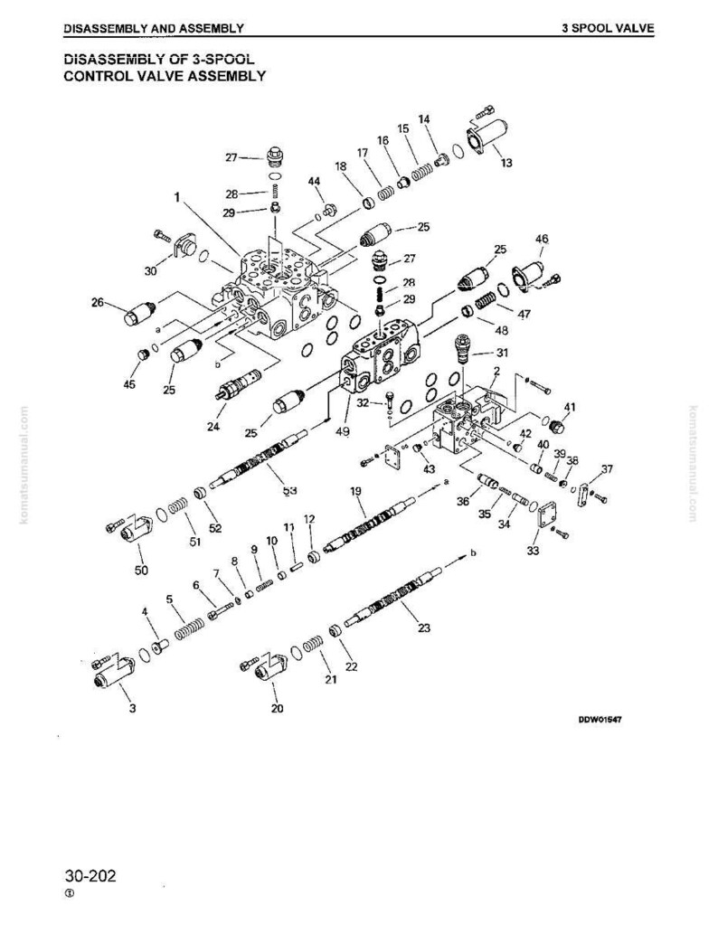May include: An exploded diagram of a 3-spool control valve assembly, showcasing various components like spools, springs, and connectors. The image includes labels and numbers for each part, with the text "DISASSEMBLY AND ASSEMBLY" at the top.