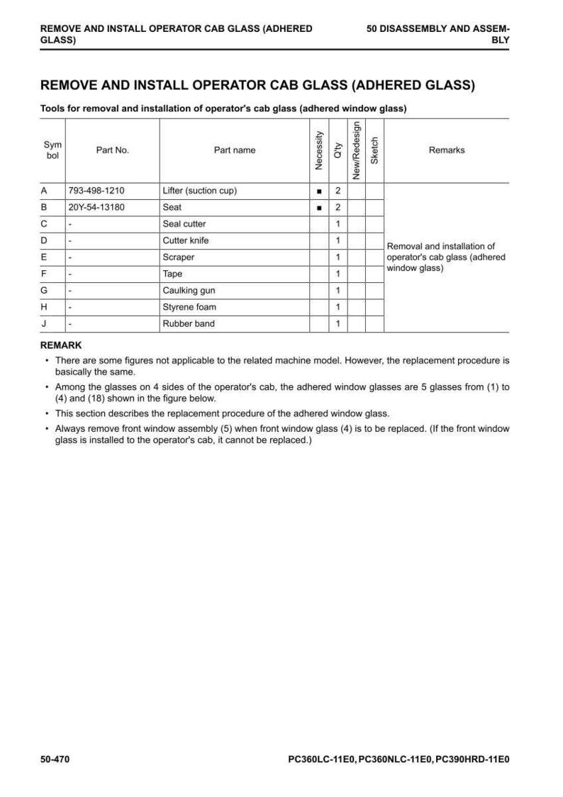 May include: A detailed technical diagram titled "REMOVE AND INSTALL OPERATOR CAB GLASS (ADHERED GLASS)". It lists tools like a lifter, seal cutter, and scraper. Includes part numbers, quantities, and remarks for glass removal.