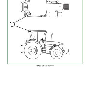 May include: Line drawing of a tractor, with an overhead view and a side view connected by a line. The side view shows the tractor's cab, wheels, and exhaust. The text "RXA0154299-UN: Overview" is below the image.