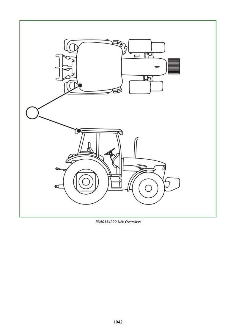 May include: Line drawing of a tractor, with an overhead view and a side view connected by a line. The side view shows the tractor's cab, wheels, and exhaust. The text "RXA0154299-UN: Overview" is below the image.