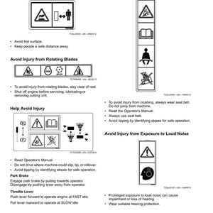 May include: A page of safety labels with no text, featuring various warning symbols and instructions. The labels address potential hazards like hot surfaces, rotating blades, crushing, and loud noise, with safety precautions.