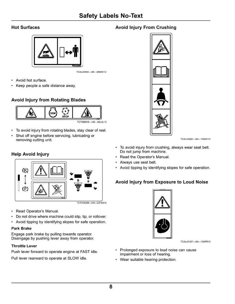 May include: A page of safety labels with no text, featuring various warning symbols and instructions. The labels address potential hazards like hot surfaces, rotating blades, crushing, and loud noise, with safety precautions.