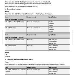 K&ouml;nnte beinhalten: Detaillierte Tabelle aus einem Handbuch mit Spezifikationen zur &Uuml;berpr&uuml;fung des Schmier- und K&uuml;hl&ouml;ldrucks in Traktoren. Die Tabelle enth&auml;lt Messungen in kPa, bar und psi.