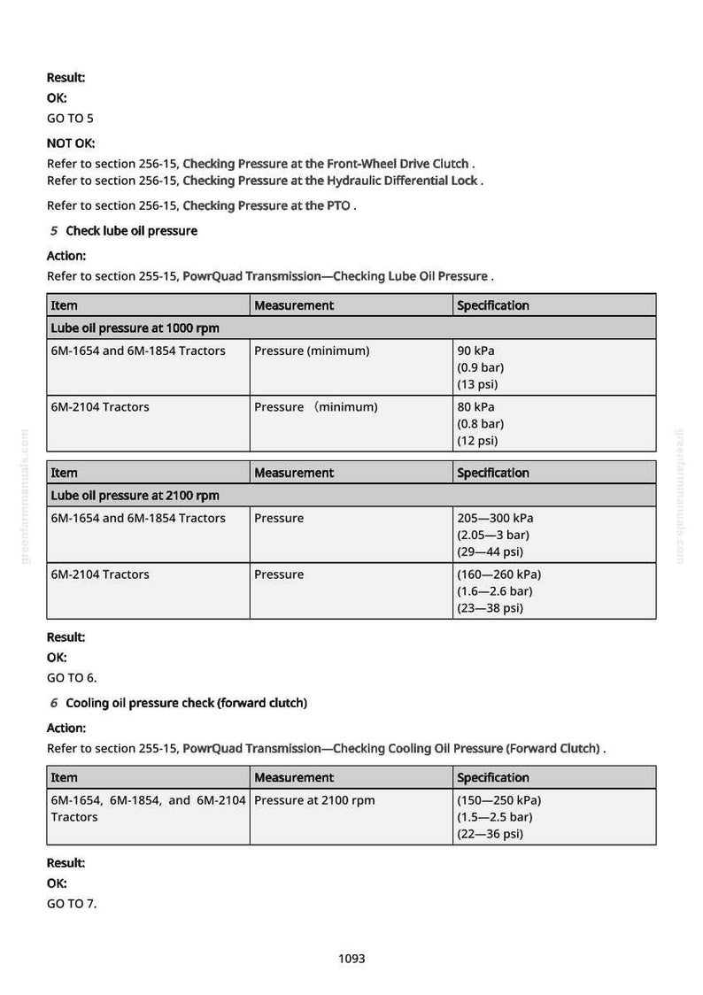 K&ouml;nnte beinhalten: Detaillierte Tabelle aus einem Handbuch mit Spezifikationen zur &Uuml;berpr&uuml;fung des Schmier- und K&uuml;hl&ouml;ldrucks in Traktoren. Die Tabelle enth&auml;lt Messungen in kPa, bar und psi.