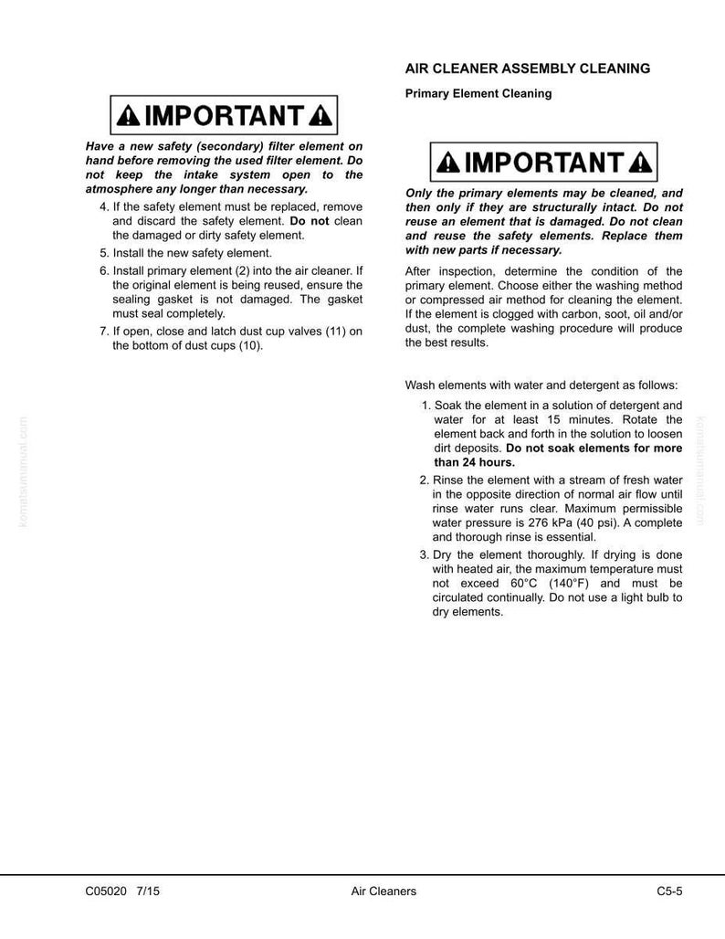 May include: Air cleaner assembly cleaning instructions. The document provides steps for primary element cleaning, including soaking in detergent, rinsing with water, and drying. Includes safety warnings and temperature guidelines.