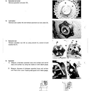 May include: Technical diagram from a manual showing the disassembly and assembly of a final drive system. Includes images of sprocket nut cover, lock plate, sprocket nut, and sprocket components. Text includes measurements and part numbers.
