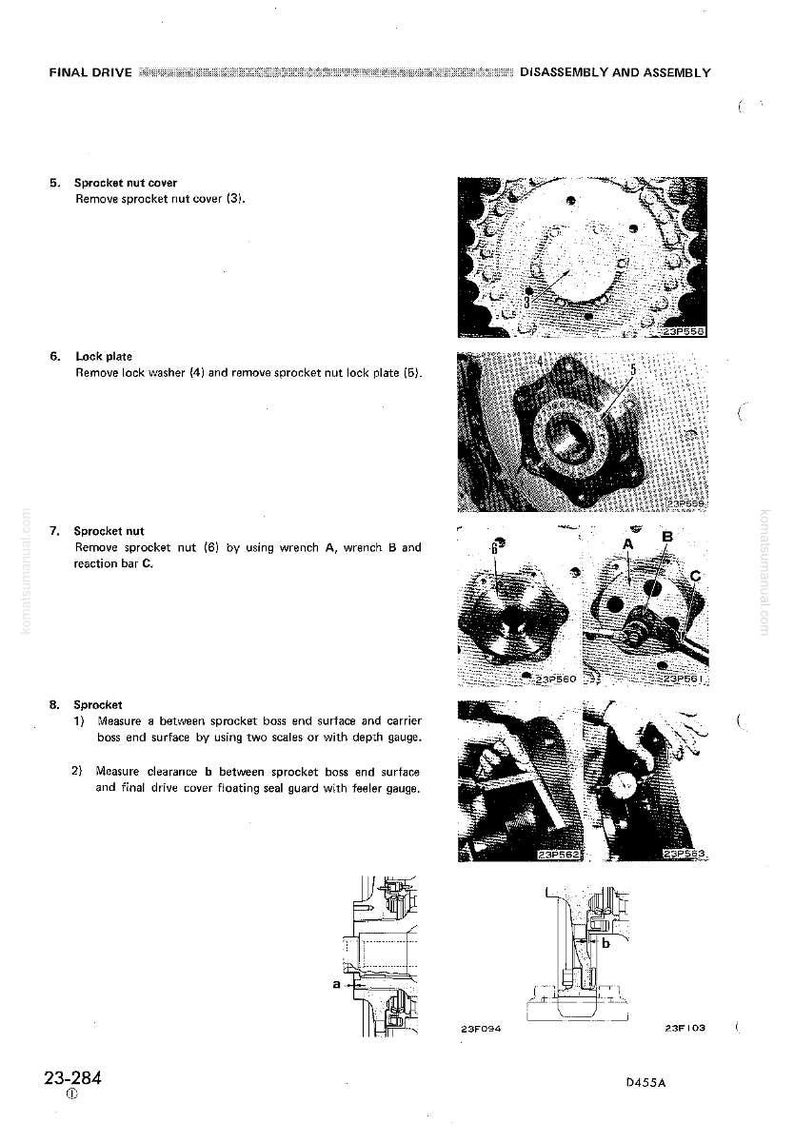 May include: Technical diagram from a manual showing the disassembly and assembly of a final drive system. Includes images of sprocket nut cover, lock plate, sprocket nut, and sprocket components. Text includes measurements and part numbers.