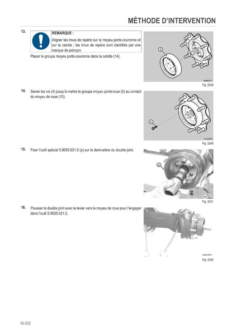 May include: Technical diagram with instructions in French. The image shows detailed illustrations of automotive parts, including a wheel hub, bolts, and a double joint. Text includes "M&Eacute;THODE D'INTERVENTION" and figure numbers.