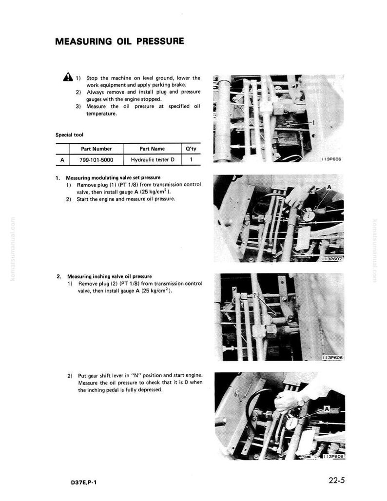 May include: A technical manual page titled "Measuring Oil Pressure" with diagrams and instructions. The page includes steps for measuring oil pressure, part numbers, and diagrams of equipment.