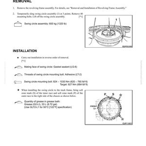 May include: Technical diagram detailing swing circle assembly removal and installation. Includes diagrams and specifications for bolts and grease. Measurements are provided in both metric and imperial units, with imperial units in brackets.
