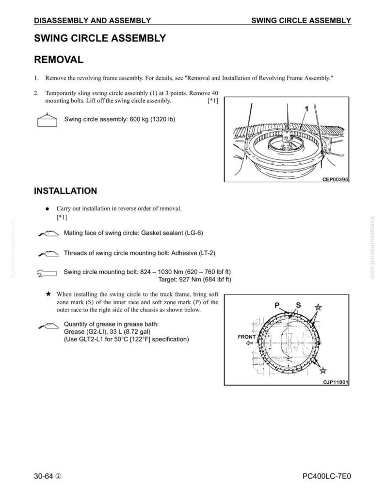 May include: Technical diagram detailing swing circle assembly removal and installation. Includes diagrams and specifications for bolts and grease. Measurements are provided in both metric and imperial units, with imperial units in brackets.