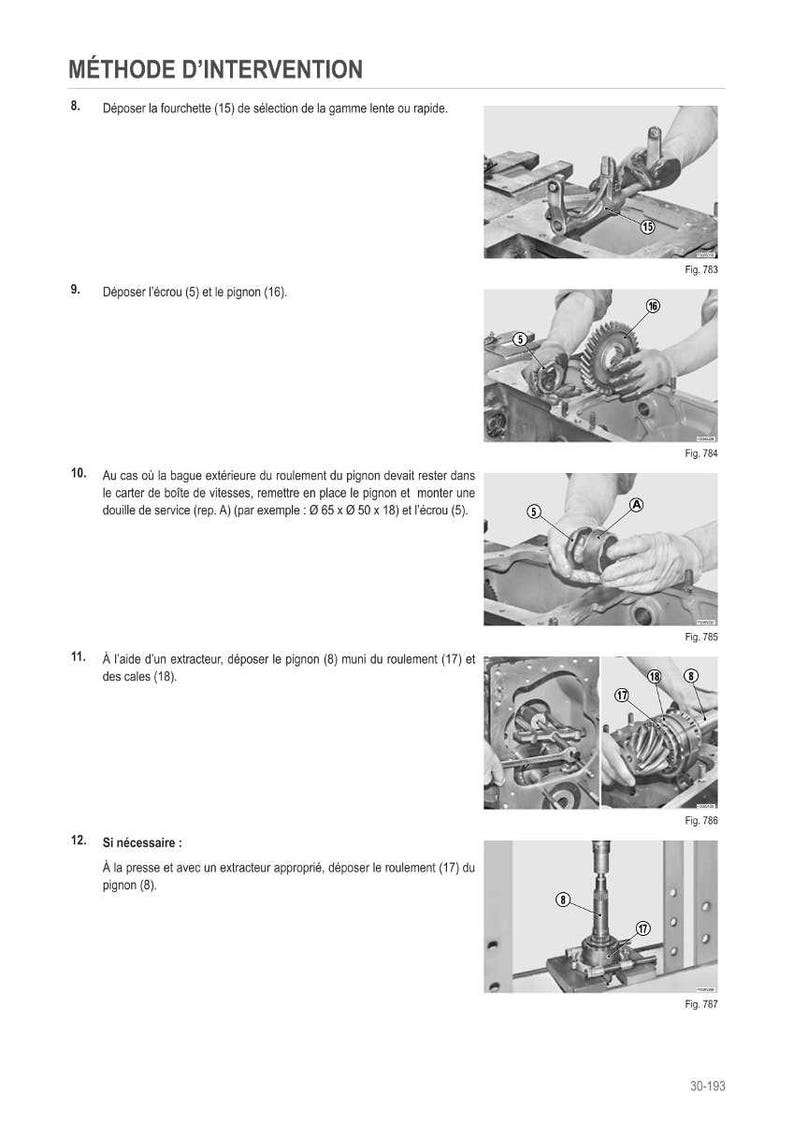 Może przedstawiać: Schemat techniczny z instrukcjami krok po kroku dotyczącymi interwencji mechanicznej. Obraz przedstawia r&oacute;żne elementy, w tym widelec, nakrętkę, zębatkę i łożysko, ze szczeg&oacute;łowymi ilustracjami i etykietami dla każdego kroku.