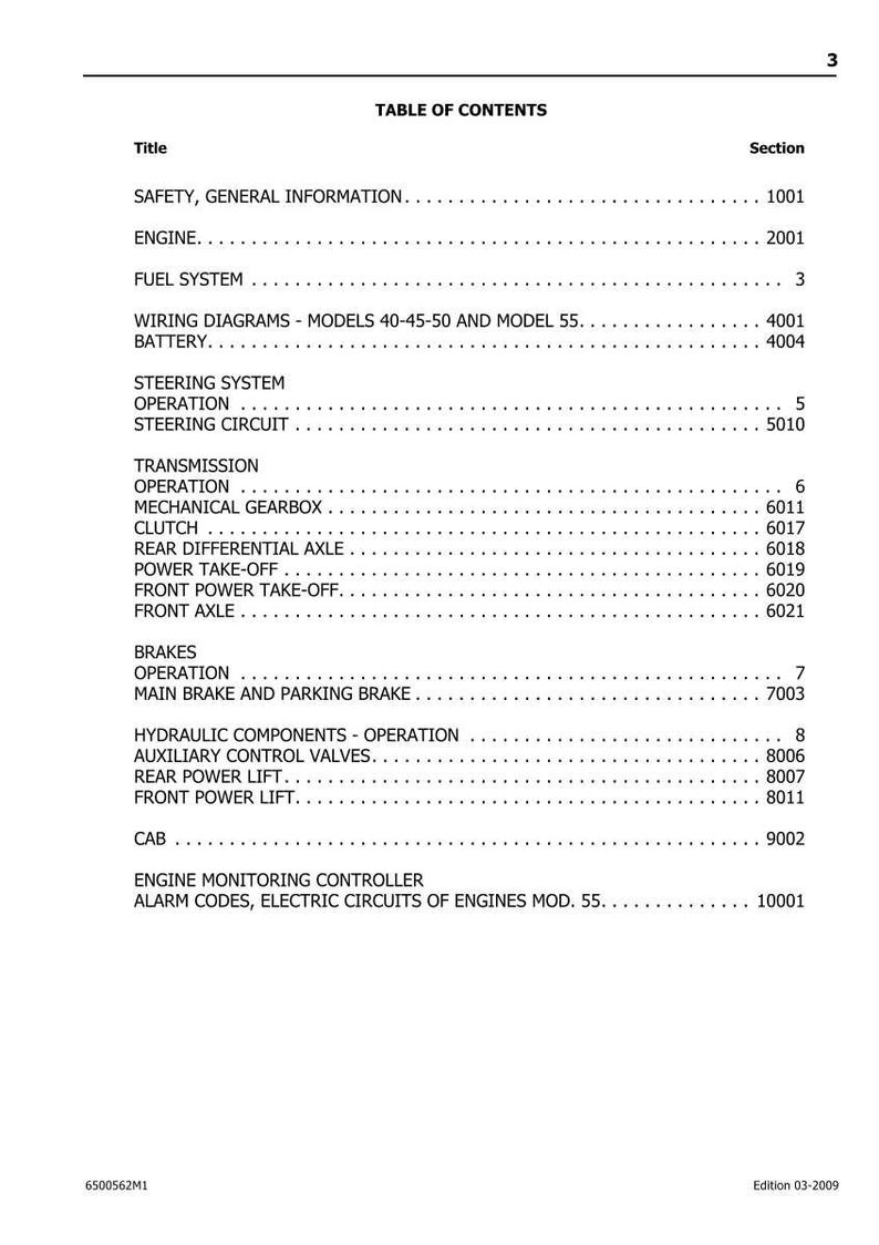 Pu&ograve; includere: Una pagina di manuale con un "SOMMARIO" che elenca sezioni come "MOTORE", "SISTEMA CARBURANTE" e "FRENI". Il testo &egrave; nero su bianco. Il documento include i numeri di sezione ed &egrave; datato Edizione 03-2009.