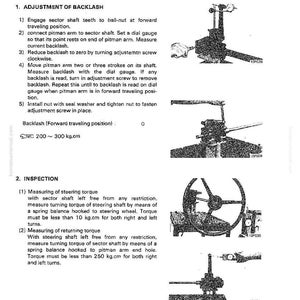May include: A page from a manual detailing the testing and adjustment of a steering assembly. The text includes instructions for adjusting backlash and measuring torque, accompanied by diagrams of the components.
