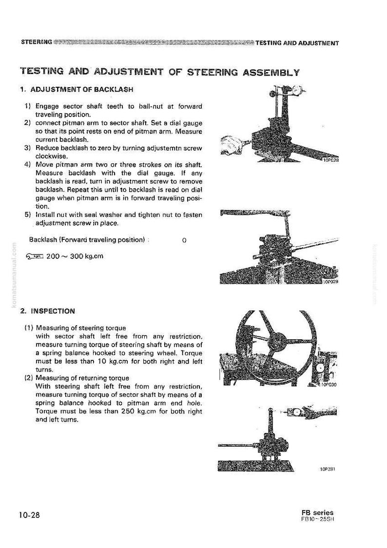 May include: A page from a manual detailing the testing and adjustment of a steering assembly. The text includes instructions for adjusting backlash and measuring torque, accompanied by diagrams of the components.