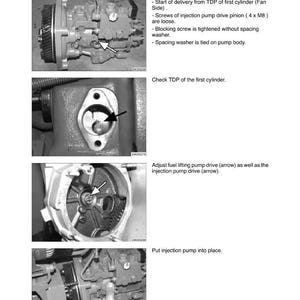May include: Technical diagram for fuel injection pump VP 44 mounting and dismounting. The image shows detailed steps, including checking the TDP of the first cylinder and adjusting the fuel lifting pump drive. Text includes instructions and part details.